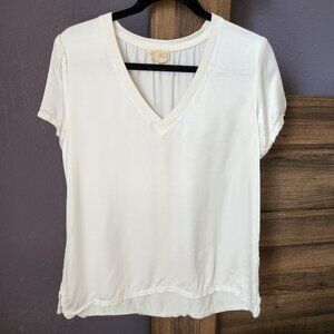 Nation LTD Shirt Women's Medium June Sateen Silky V-neck Short Sleeve‎ Tee White